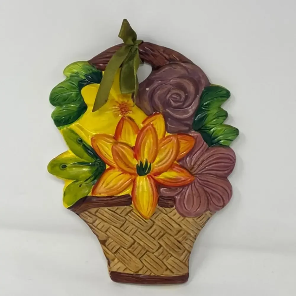 Vintage Ceramic Floral Basket Wall Hanging Decor Hand Painted